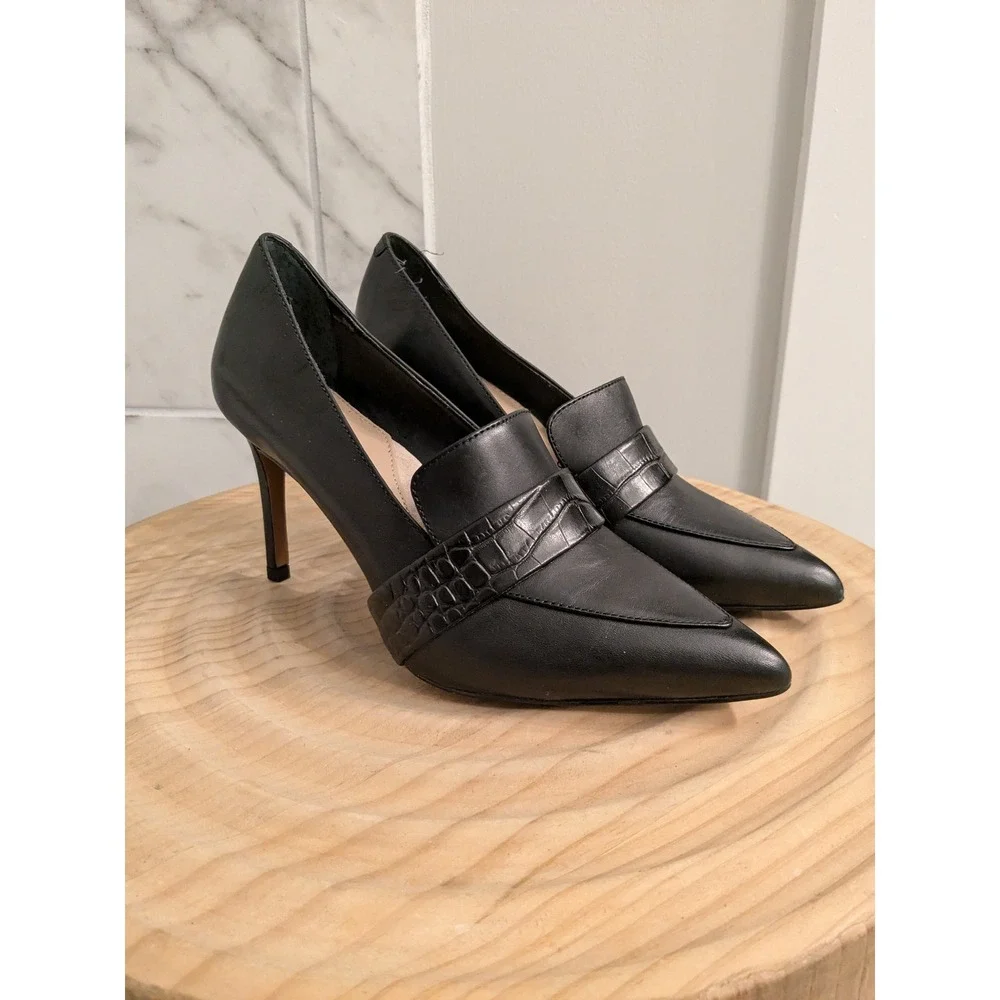 Banana Republic Black Leather Croc Embossed Pointed Toe Stiletto Heels Women 6.5